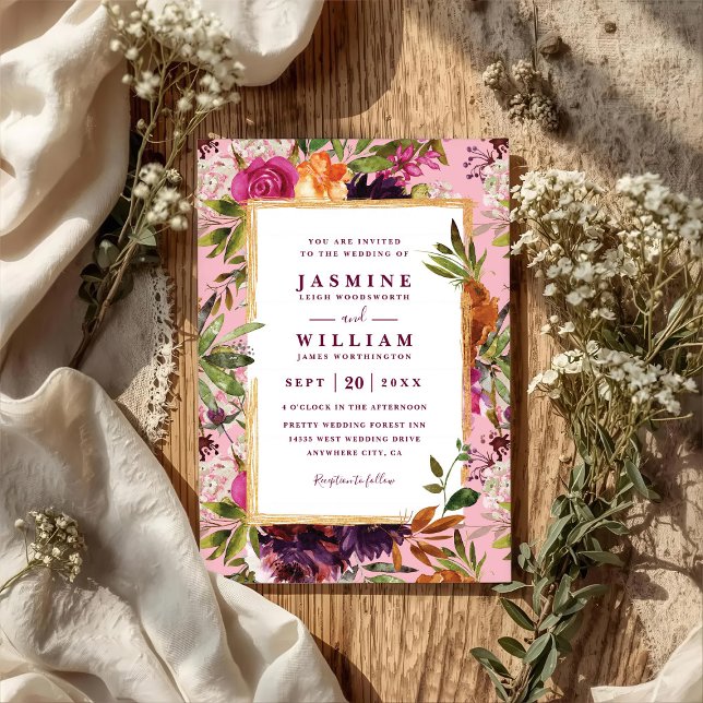 Convites Burgundy Flower Boho Rustic QR Code Wedding (Criador carregado)