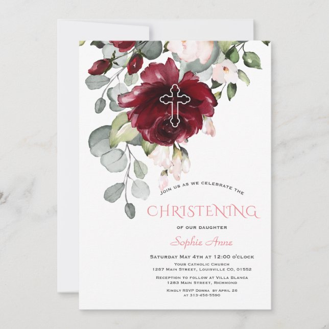 Convites Burgundy Flowers Cross Girl Christening (Frente)