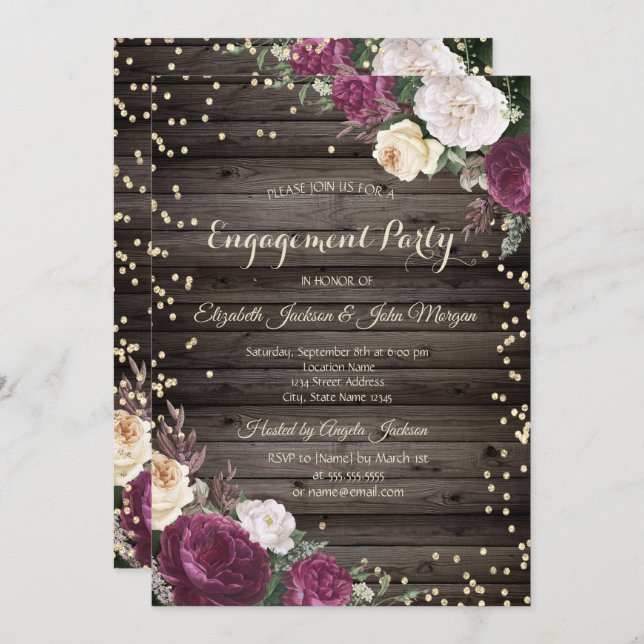 Convites Burgundy Flowers de Diamantes Dourados Madeira (Frente/Verso)