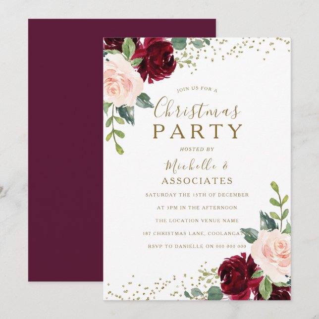 Convites Burgundy Flowers Office Family Christmas Party (Frente/Verso)