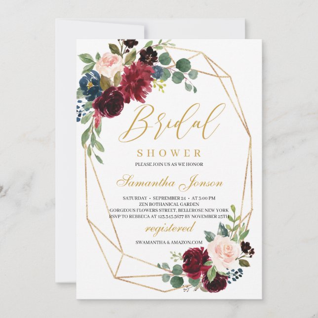 Convites Burgundy geométrica Dourada e floral rosa esbranqu (Frente)