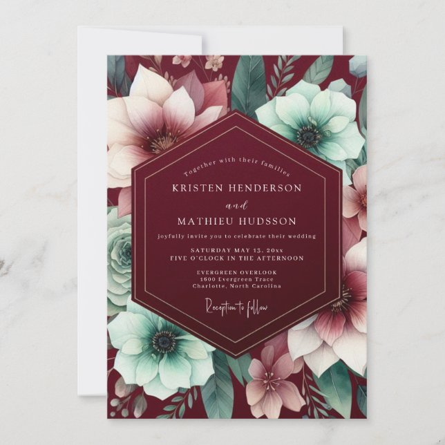 Convites Burgundy Gilded Bloom Wedding (Frente)