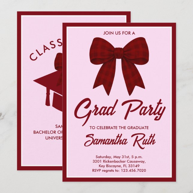 Convites Burgundy Gingham Bow Graduation Party (Frente/Verso)