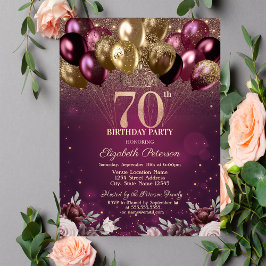 Convites Burgundy Glitter Balões Flores 70 Aniversário
