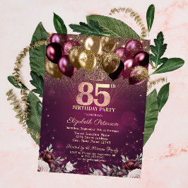 Convites Burgundy Glitter Balões Flores 85. º Aniversário
