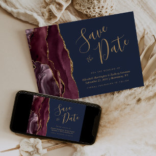 Convites Burgundy Gold Ágata Azul Marinho Save the Date