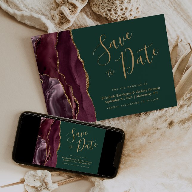 Convites Burgundy Gold Agate Green Save the Date Card (Criador carregado)