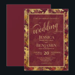 Convites Burgundy & Gold Fall Leaves Stylish Script Wedding<br><div class="desc">This beautiful wedding invitation features a beautiful boho chic design with a watercolor background of a leaves and foliage in autumn or fall shades of burgundy and gold. It includes fancy script lettering with elaborate flourishes decorating the word "wedding" and the names of the bride and groom prominently displayed in...</div>