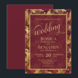 Convites Burgundy & Gold Fall Leaves Stylish Script Wedding<br><div class="desc">This beautiful wedding invitation features a beautiful boho chic design with a watercolor background of a leaves and foliage in autumn or fall shades of burgundy and gold. It includes fancy script lettering with elaborate flourishes decorating the word "wedding" and the names of the bride and groom prominently displayed in...</div>