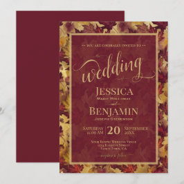 Convites Burgundy & Gold Fall Leaves Stylish Script Wedding