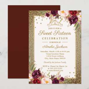 Convites Burgundy Gold floral Brilho Sweet Sixteen