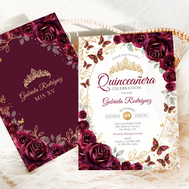 Convites Burgundy Gold Floral Quinceanera (Criador carregado)