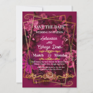 Convites Burgundy Gold Floral Wedding Save the Date