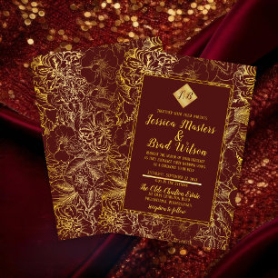 Convites Burgundy Gold Foil Look Vintage Casamento Floral