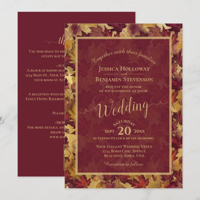 Convites Burgundy & Gold Leaves Calligraphy QR Code Wedding (Frente/Verso)