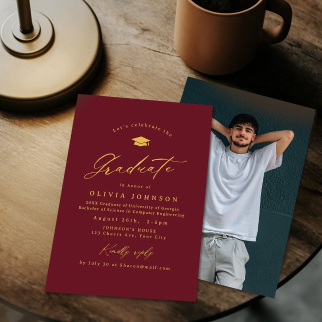 Convites Burgundy Gold Modern Calligraphy Photo Graduation (Burgundy Gold Modern Calligraphy Photo Graduation Invitation)