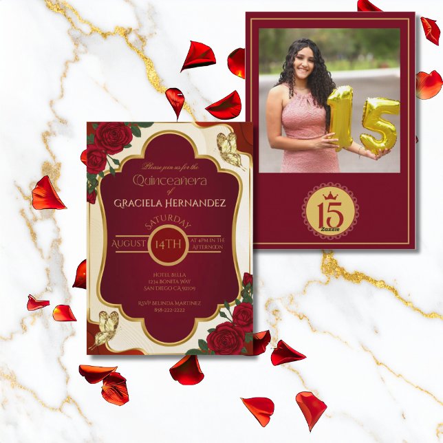 Convites Burgundy & Gold Quinceañera Photo Invitation (Criador carregado)
