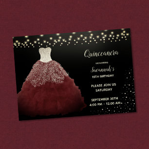 Convites Burgundy Gown com String Lights Quinceanera