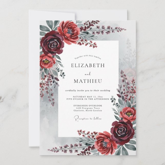 Convites Burgundy Graceful Winter Wedding (Frente)