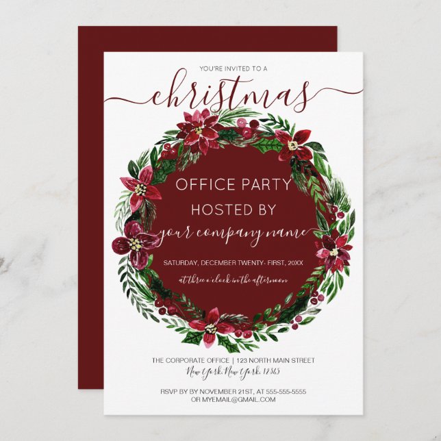 Convites Burgundy Green Floral Wreath Corporate Christmas (Frente/Verso)