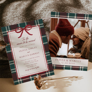 Convites Burgundy Green Plaid Christmas Bow Wedding
