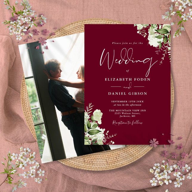 Convites Burgundy Greenery Deixa Foto Elegante Casamento (Burgundy Greenery Leaves Elegant Photo Wedding Invitation)