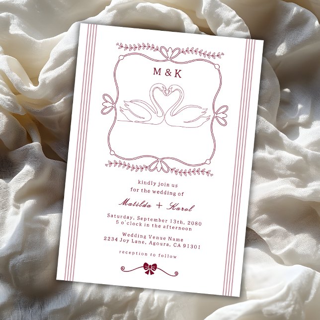 Convites Burgundy Hand Drawn Swan Stripes Monogram Wedding (Criador carregado)