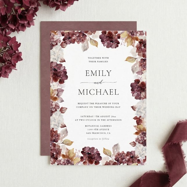 Convites Burgundy Hydrangea Floral Wedding Invitation (Criador carregado)