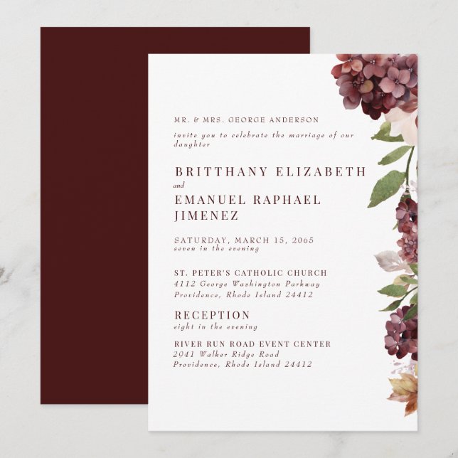 Convites Burgundy Hydrangeas Floral 2 Venue Wedding (Frente/Verso)