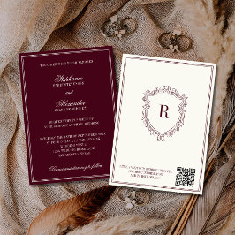 Convites Burgundy & Ivory Crest Old Money QR Code Wedding
