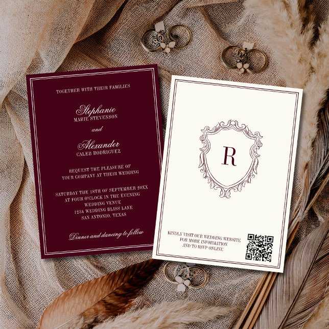 Convites Burgundy & Ivory Crest Old Money QR Code Wedding (Criador carregado)
