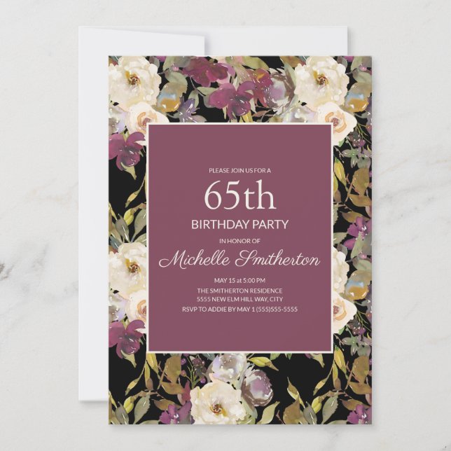 Convites Burgundy Ivory Floral Foliage Black 65th Birthday (Frente)