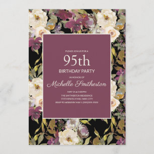 Convites Burgundy Ivory Floral Foliage Black 95th Birthday
