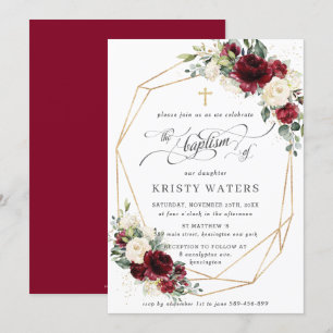 Convites Burgundy Ivory Floral Greenerescência Baptism Geom