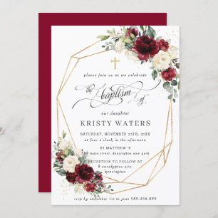 Convites Burgundy Ivory Floral Greenery Baptism Geométrico