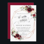 Convites Burgundy Ivory Floral Greenery Birthday Geométrico<br><div class="desc">Este convite de aniversário chic apresenta uma imagem geométrica da brilha do rosa dourado adornada por lindas disposições de burgundy, floral de marfim e folhagem verde, assim como o título "aniversário de" num estilo de caligrafia bonito. Personalize-o com seus detalhes de forma fácil e rápida, basta pressionar o botão personalizar...</div>