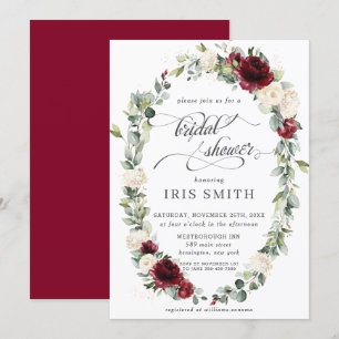 Convites Burgundy Ivory Floral Leafy Wreath Chá de panela