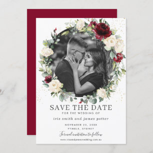 Convites Burgundy Ivory Floral Photo Save the Date Card