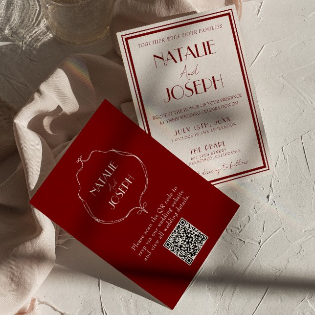 Convites Burgundy Ivory Old Money Retro QR Code Wedding (Criador carregado)