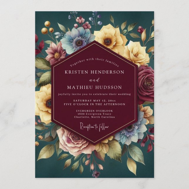Convites Burgundy Jewel Tone Bloom Wedding (Frente)