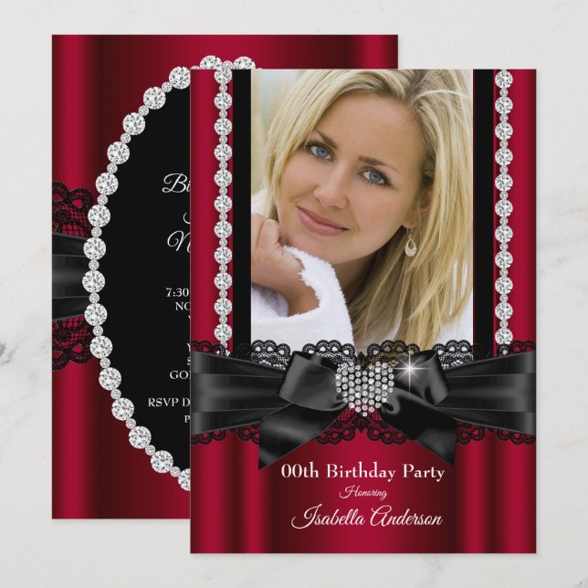 Convites Burgundy Lace Diamond Heart Festa de aniversário (Frente/Verso)