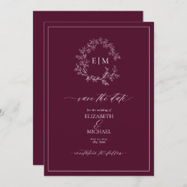 Convites Burgundy Leafy Crest Monograma Salvar Data