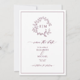 Convites Burgundy Leafy Crest Monograma Salvar Data