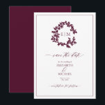 Convites Burgundy Leafy Crest Monograma Salvar Data<br><div class="desc">Eterno. Sofisticado. Totalmente inesquecível. Este Monograma da Folha de Borgonha Salve a Data é a introdução perfeita para sua celebração de casamento. Com seu refinado monograma de coroa botânica, roteiro elegante e sotaques de burlões profundos, este design evoca um senso de romance clássico e luxo sem esforço. Uma escolha impecável...</div>