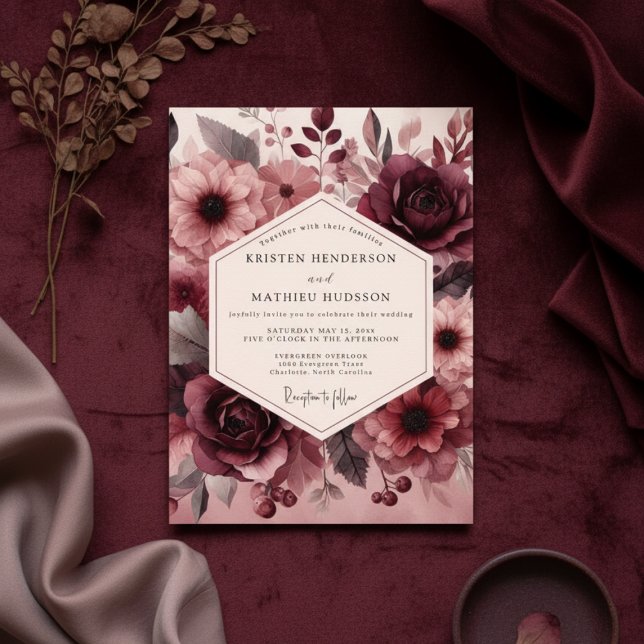 Convites Burgundy Lush Bloom Romance Wedding (Criador carregado)