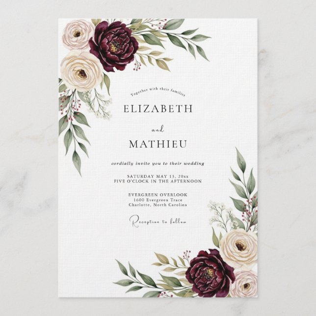 Convites Burgundy Lush Bloom Wedding (Frente)