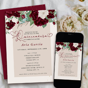 Convites Burgundy Marfim Rosas Florais Quinceanera e Missa