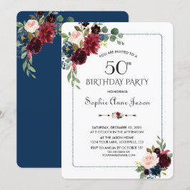 Convites Burgundy Marinho Azul Frame Floral 50º Aniversário