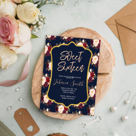 Convites Burgundy Marinho Blue Peony Floral 16º Aniversário