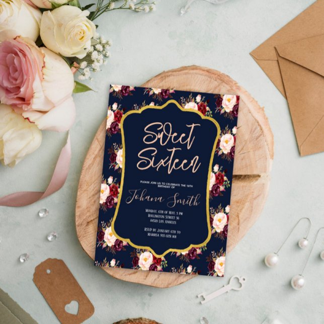 Convites Burgundy Marinho Blue Peony Floral 16º Aniversário (Criador carregado)